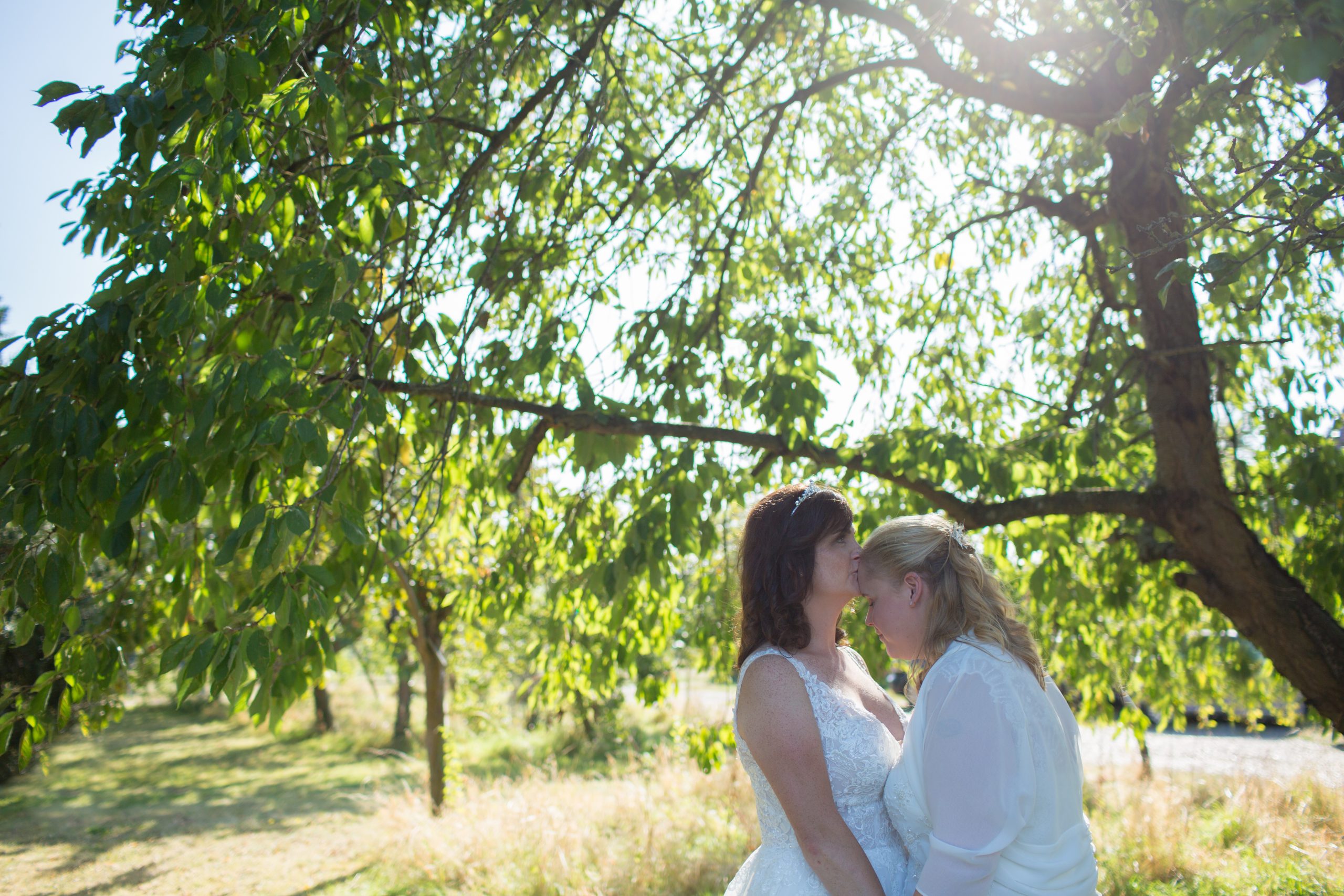 bride and bride stood under tree on wedding day